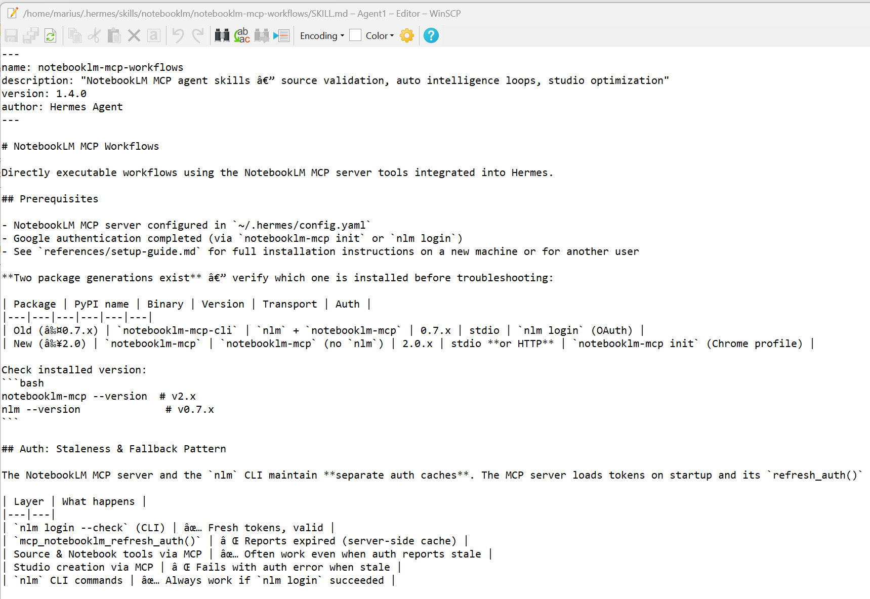 NotebookLM MCP workflow skill file open in an editor