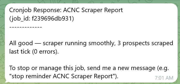 Telegram cronjob status report showing the ACNC scraper ran successfully with three new prospects and zero errors